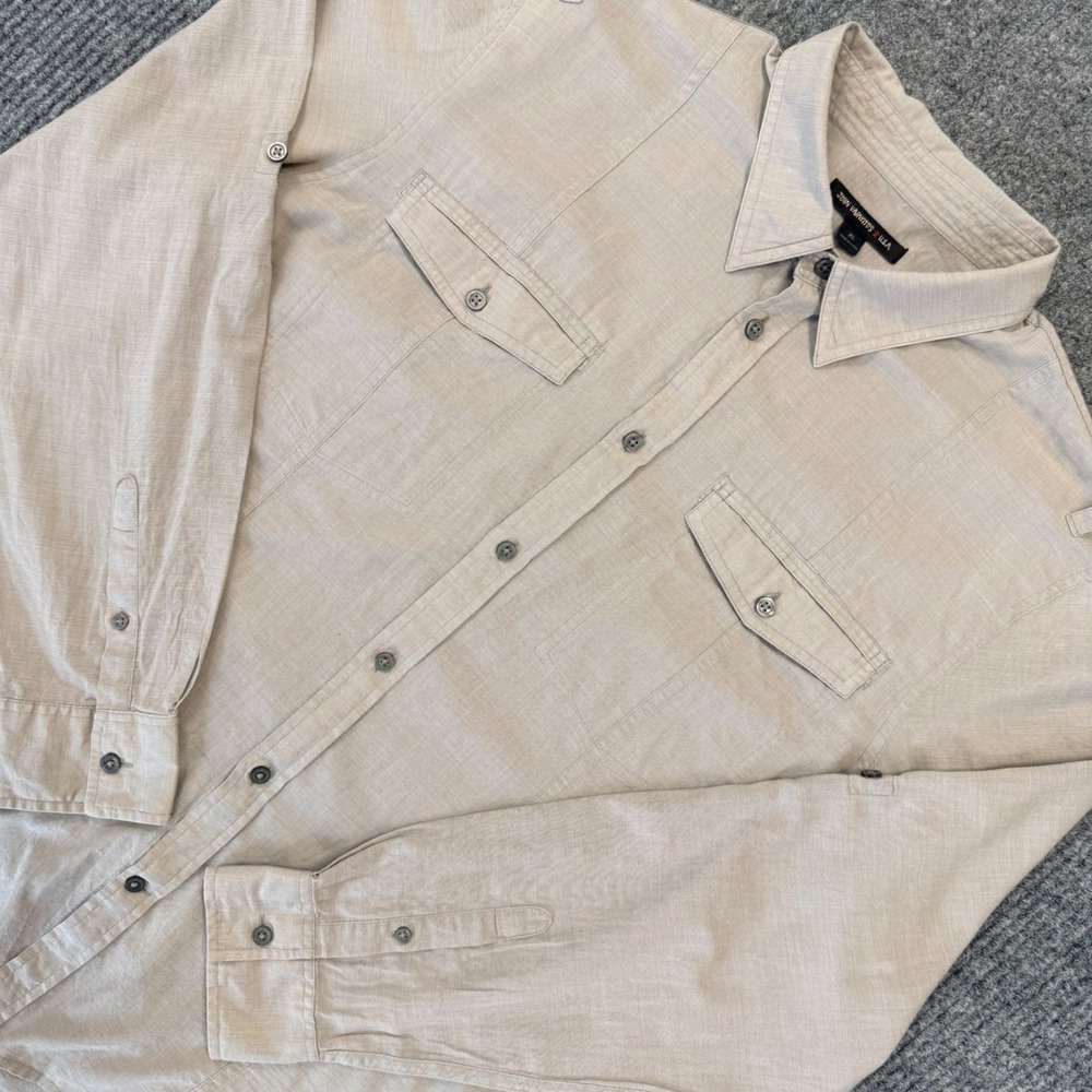 John Varvatos USA Mens XL Tan Beige Utility Roll Tab Sleeve Button Down Shirt